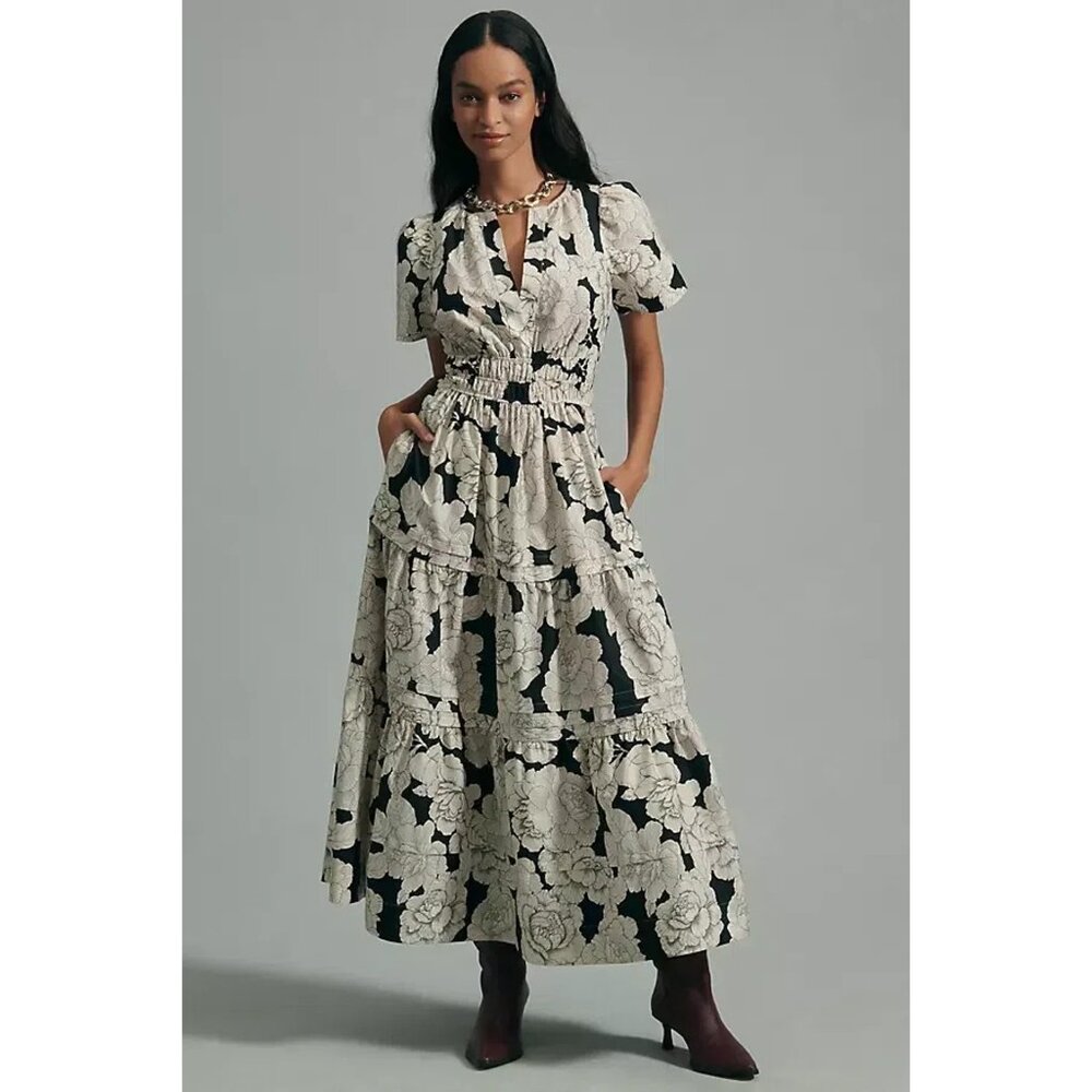 NWT Anthropologie Somerset Maxi in Light Sand Black White Floral Cotton Dress 1X